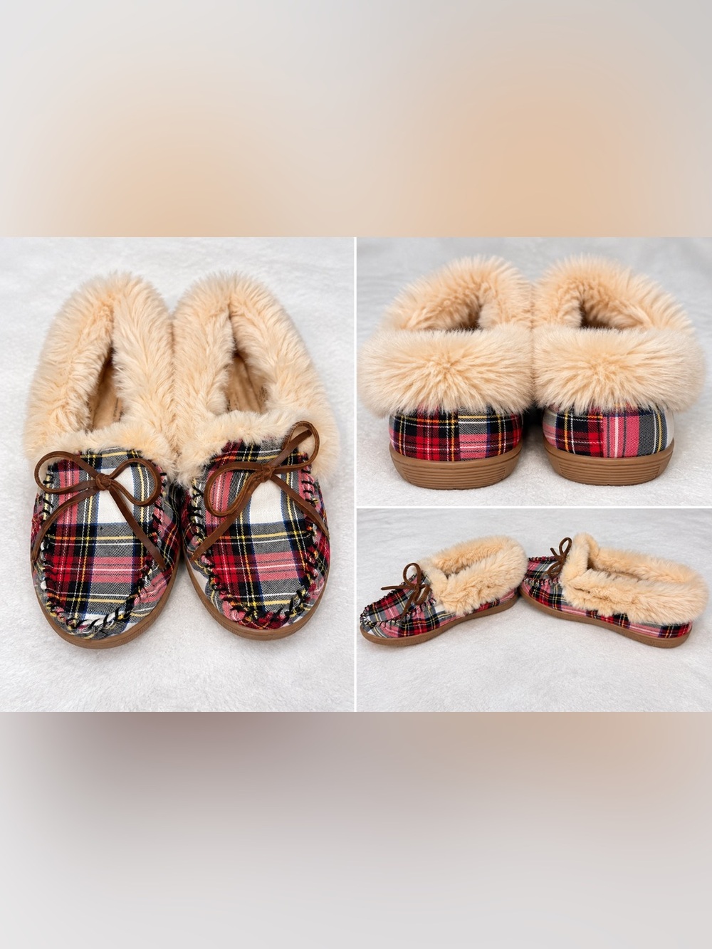 J.Crew Factory Tartan Plaid Faux Fur Moccasin Slippers Women’s Size 9